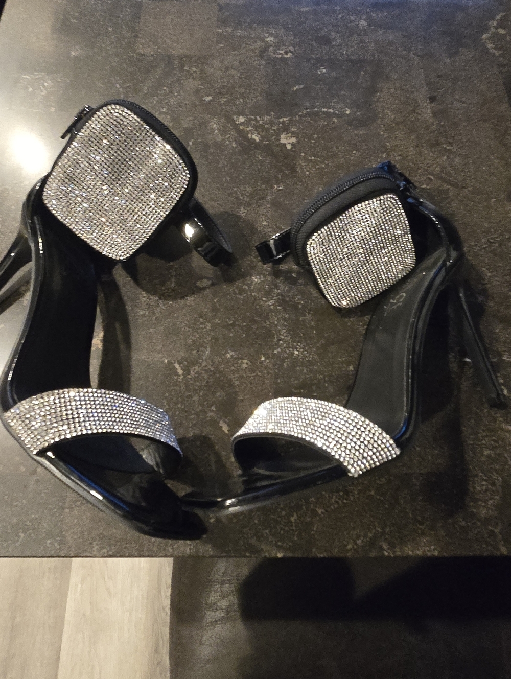 Rouge Helium Black Patent Stiletto Sandals with Ankle Strap